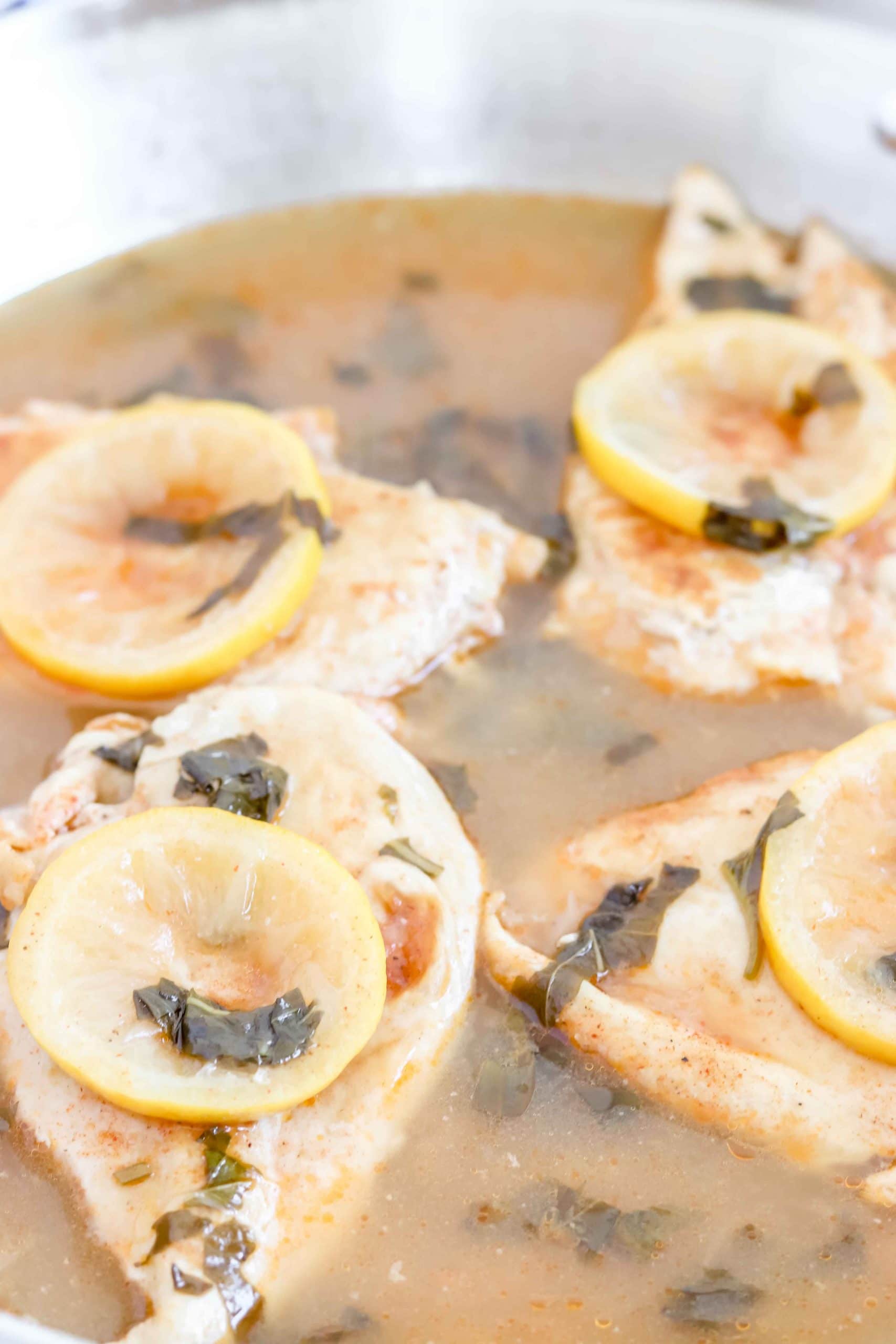 Close up angled image of Lemon Basil Chicken with 4 chicken breast in a lemon basil sauce. Each chicken breast is toped with a lemon. www.atwistedplate.com/lemon-basil-chicken/